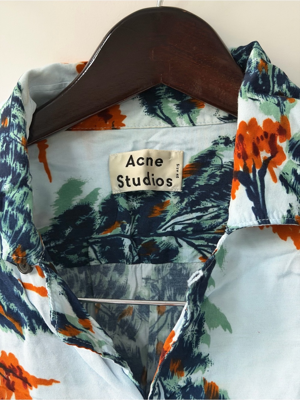 Acne Men's Light Blue Floral Button-Down Shirt with Navy and Orange Print